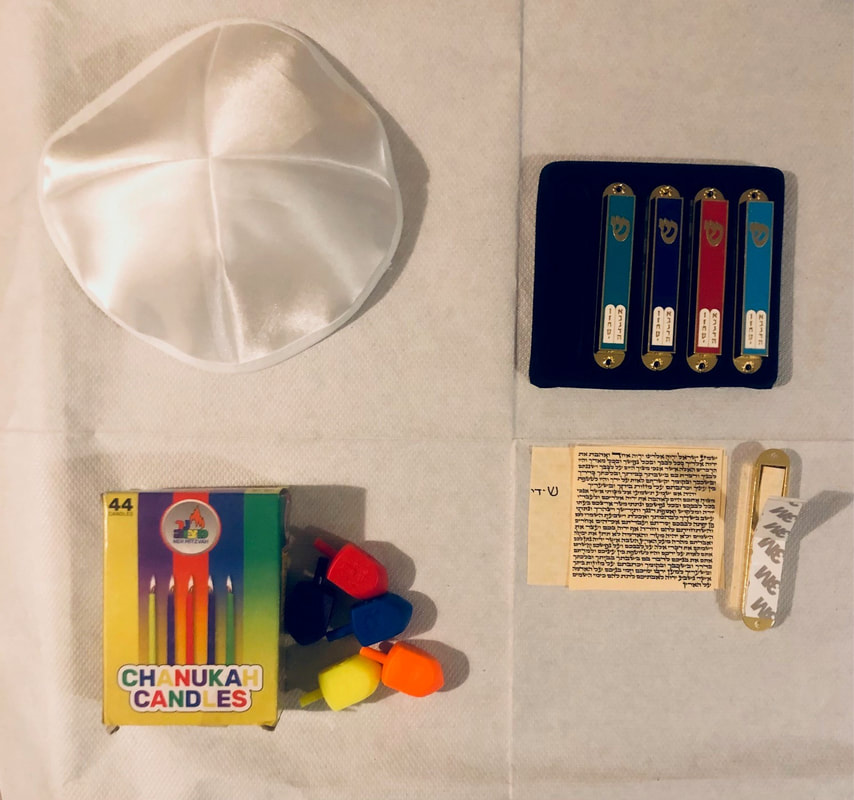 Kippah, chanukah candles, mezuzah cases